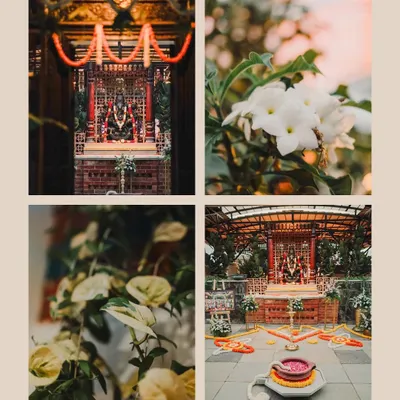 A collage of decor details from a temple wedding, showing the sacred idol, floral arrangements, and the ceremonial setup.