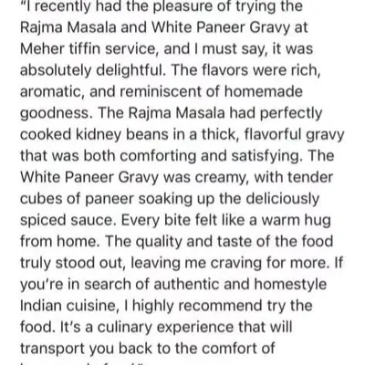 This detailed feedback on our Rajma Masala and White Paneer Gravy made our day. We are so glad the customer felt the "warm hug from home" in every bite.