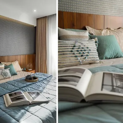 A diptych showing details of a master bedroom in a contemporary apartment. We used a combination of a dark textured accent wall, warm wood headboard, and soft blue and aqua textiles to create a sophisticated yet cozy retreat.