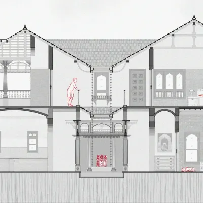 This detailed architectural section of a residence in Chitradurga illustrates the grand vision of a multi-level home with traditional elements. It highlights the intricate woodwork, courtyard design, and spatial relationships that define a classic 'totti mane'.
