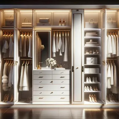 This bright and glamorous walk-in closet is finished in white with gold accents. It features a central dresser with a mirror, illuminated shelving for shoes and bags, and ample hanging space.