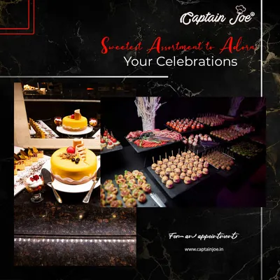 I offer a sweet assortment to adorn your celebrations. This collage shows an elaborate dessert bar with cakes, pastries, and bite-sized sweets, perfect for satisfying every sweet tooth at a wedding or party.