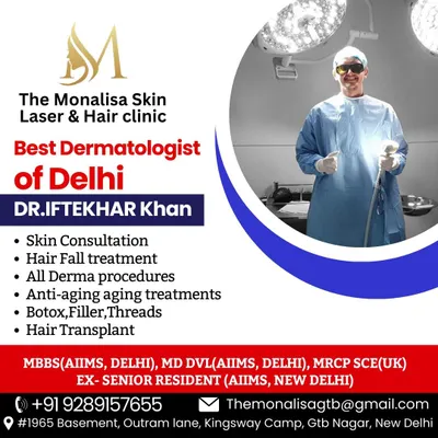 Meet our expert, Dr. Iftekhar Khan, one of the best dermatologists in Delhi. With qualifications from AIIMS and the UK, he offers a full range of derma procedures, from skin consultations to anti-aging treatments.