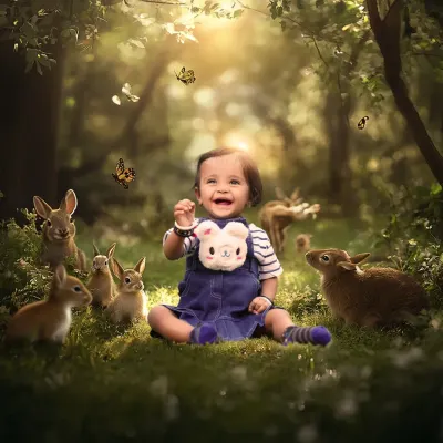 A magical, composite image of a happy baby in an enchanted forest surrounded by friendly bunnies and butterflies. I can create these fantasy portraits to bring a fairytale vision to life.