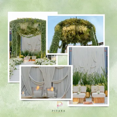 A closer look at our celestial canopy mandap. Covered in a lush carpet of baby's breath and greens with hanging floral strings, this design was all about creating a dreamy, organic, and sacred space for the pheras.