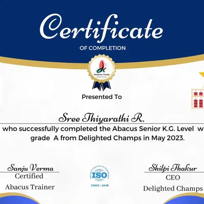I love celebrating my students' achievements. This is a certificate of completion for one of my dedicated students who successfully finished the Abacus Senior K.G. level, showcasing the progress and mastery they gained through the program.