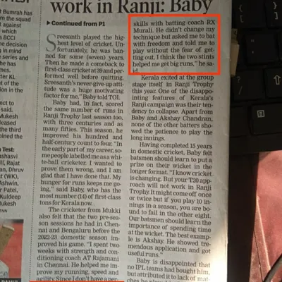 The greatest satisfaction for a coach is seeing your work acknowledged by the players. This newspaper article, where cricketer Sachin Baby mentions our work together, makes the effort worthwhile.