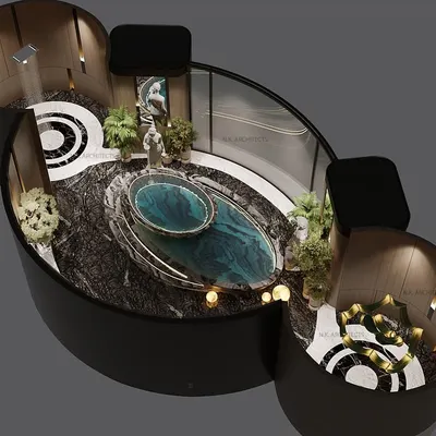 This luxurious bathroom design is a tribute to sea waves, with fluid curves and serene design. The arched walls offer both privacy and an open feeling, framing the mountain view and creating a personal spa-like retreat.