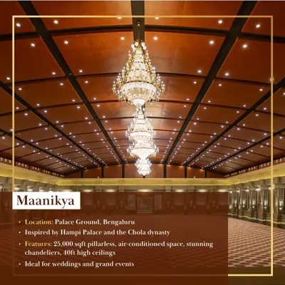 An interior view of our Maanikya venue at Palace Ground, inspired by the grandeur of Hampi Palace. The 40ft high ceilings and stunning chandeliers create an atmosphere of imperial elegance for weddings and grand events.