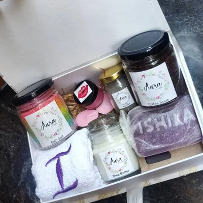 This is my best-selling individual pamper hamper, and it makes a perfect gift for any occasion. This one for 'Ishika' includes a hand towel with her initial, a custom soap bar, coffee scrub, bath salt, shea butter, and a lip scrub.