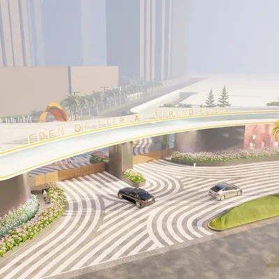 A design for a monumental entrance gateway shaped like a guitar, creating a bold and unforgettable first impression for a themed residential community.