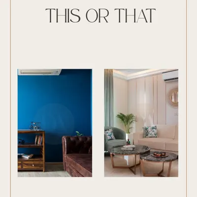 A "This or That" post comparing two different design styles: one with a bold, moody blue wall and the other with a subtle, calming beige palette. It's a fun way to explore how color tells a story.