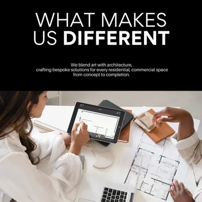 This graphic explains what makes our firm different. We blend art with architecture, crafting bespoke solutions for every residential and commercial space, managing the entire process from the initial concept to final completion.