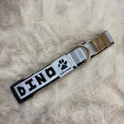 A high-quality product shot of a personalized reflective dog collar with the name "DINO" and the Dirty Paws logo. The custom embroidery adds a personal touch to this essential safety gear.