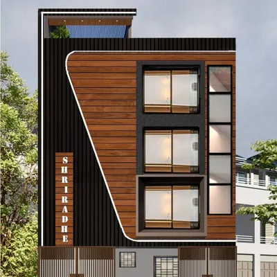 This 3D elevation render was created for a residential building, featuring a dynamic facade that mixes wood-textured panels with dark vertical fluting. The design provides a distinct and modern identity for the structure.