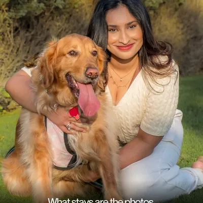 A quiet hug in the warm sun. This portrait of a woman and her golden retriever shows the simple, powerful connection that makes these sessions so meaningful.