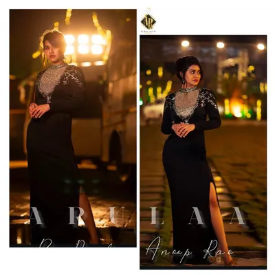 For actress Sanjanaa Anand's appearance for her movie 'Royal', I designed this elegant black gown. The highlight is the sheer, embellished neckline with intricate silver handwork, creating a look that is both sophisticated and glamorous for the red carpet.