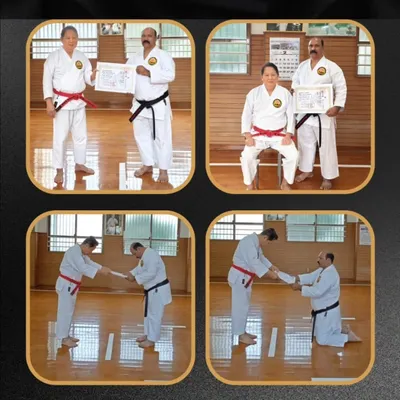 A collage capturing the formal moments of my Kyoshi Nanadan examination in Okinawa, from receiving the certificate to the respectful bows that are integral to our tradition.