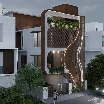 The 'Drape Residence' in Bangalore harmonizes modern elegance with organic elements. The facade's clean lines are contrasted by a flowing, sculptural form, creating a visually striking silhouette that stands out in its urban context.