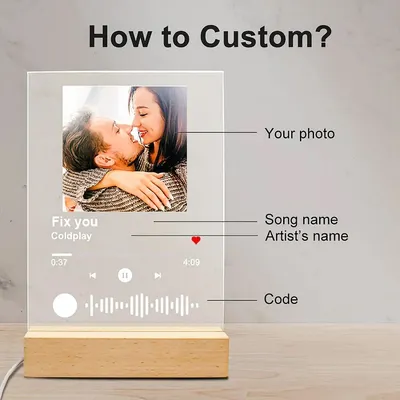 This guide shows you exactly how to customize a music plaque. You provide your photo, the song and artist name, and I'll generate the playable code and engrave it all for you.