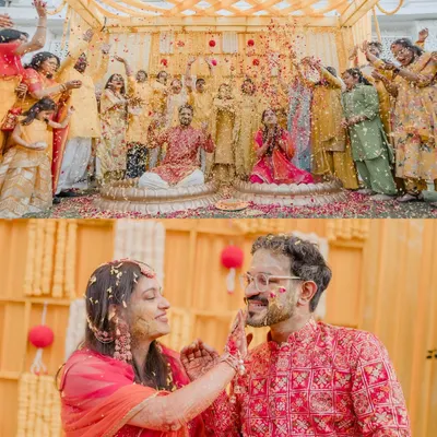 A diptych capturing the heart of a 'phoolon ki haldi'. The top frame shows the grand celebration with friends, and the bottom shows an intimate moment of the bride applying haldi to the groom, full of love and playfulness.