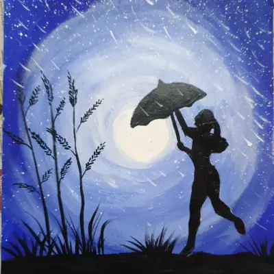 A beautiful finished piece from our monsoon-themed art party, this painting captures the silhouette of a girl in the rain with a striking blue and white palette.