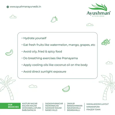 Follow these simple Ayurvedic tips to stay cool and healthy during the summer. Hydrate yourself, eat fresh fruits like watermelon and mango, avoid spicy food, and apply cooling oils like coconut oil.