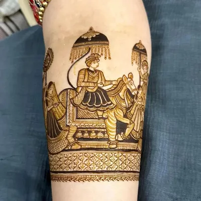 A classic Baraat scene depicted on the forearm. This design shows the groom's grand entry on a decorated horse, a cherished moment in many Indian weddings.