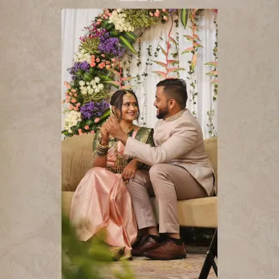A beautiful moment from Rakshitha Prasad's engagement. She chose a delicate peach and green Kanjivaram, embodying grace and tradition.