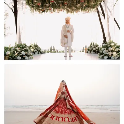 A stunning beachside wedding in Goa, featuring a beautiful bride twirling in her Sabyasachi lehenga and the groom awaiting her at a floral mandap overlooking the ocean.