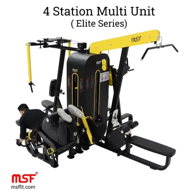 Our 4-Station Multi-Unit from the Elite Series. This machine combines four workout stations: Lat Pulldown, Seated Row, Leg Extension, and Leg Curl, making it a highly efficient centerpiece for any commercial gym.