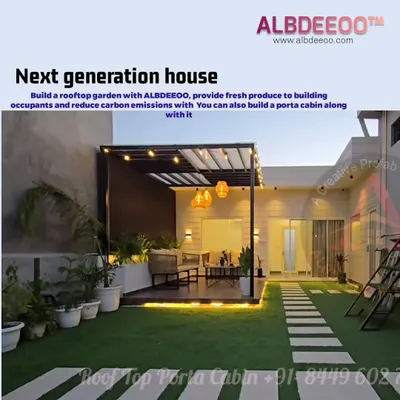 An example of a high-end rooftop garden featuring a custom pergola with warm pendant lights and under-deck LED strips. This setup creates an inviting atmosphere for an evening lounge or al fresco dining.