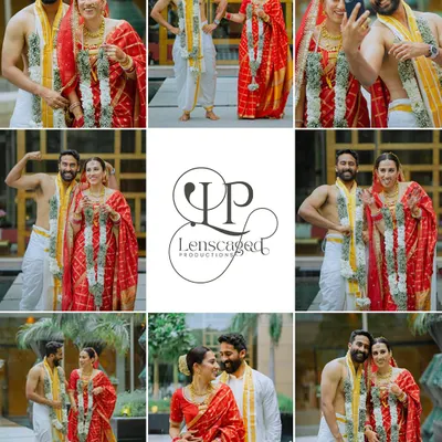 A vibrant collage from a South Indian wedding, filled with fun selfies, traditional attire, and happy couple portraits. This shows the blend of modern fun and timeless tradition.