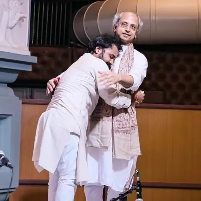 A blessed moment on Guru Poornima, embracing my Guruji, Pt. Yogesh Samsi ji, on stage. A Guru's blessing is the greatest reward for any disciple.