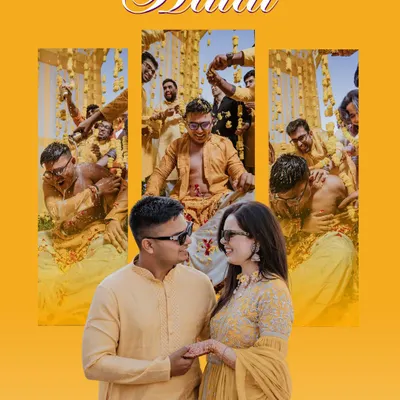A fun and vibrant collage capturing the essence of a Haldi ceremony, from the couple's portrait to the wild and playful moments with friends.