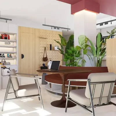 This 3D render shows our vision for a haute couture brand's studio and showroom. The design features an open layout, natural materials, and plenty of greenery to create a luxurious and inviting atmosphere for high-end clients.