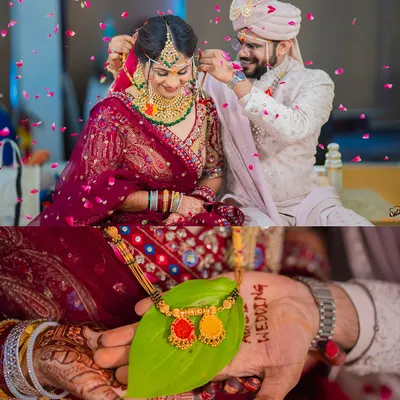 A diptych showing the sacred mangalsutra ritual, a key moment in a Hindu wedding, and a close-up of the mangalsutra itself.