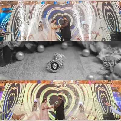 A collage capturing the key moments of a grand engagement ceremony. It showcases the couple exchanging rings on a dazzling stage with pyrotechnics and a detailed shot of their unique engagement rings.