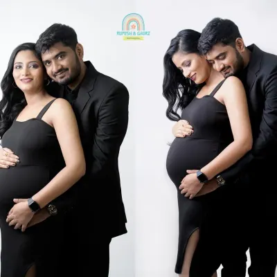 A collection of classic couple poses against a clean white backdrop. These portraits highlight the emotional connection and the beautiful silhouette of the baby bump in a timeless way.
