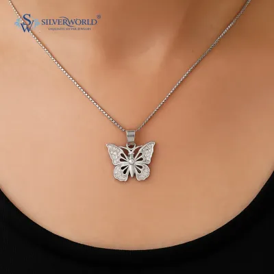 This delicate butterfly pendant is studded with pave-set zirconia stones on a classic silver box chain. It's a light and whimsical piece, ideal for daily wear or as a thoughtful gift.