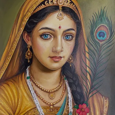 A finished portrait of Radha Rani, painted with acrylics on paper. I focused on her serene expression and the intricate details of her jewelry and the peacock feather.