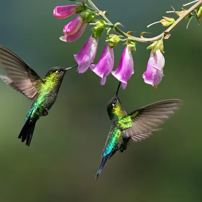 A perfect moment of symmetry as two Talamanca hummingbirds feed from bell-shaped flowers in Costa Rica. Their wings are frozen in motion, showcasing their incredible aerial control.