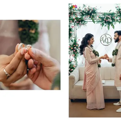 A collage capturing the central moment of the ring exchange. We focus on the hands and the couple's expressions to tell the complete story of this promise.