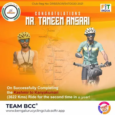 Twice in a year! We are incredibly proud to celebrate Tameem Ansari for completing the grueling 3622 km Kashmir to Kanyakumari (K2K) ride for the second time in a single year. His determination is truly unmatched.