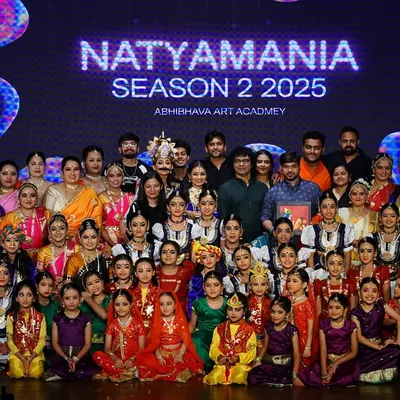 The entire team of Abhibhava Art Academy on stage at "NATYAMANIA SEASON 2". It takes a village to put on a show, and I am so proud of every single student and teacher.