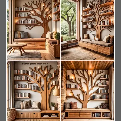 A showcase of our custom tree-shaped bookshelf designs. This unique piece of furniture acts as both a functional library and a stunning piece of wall art, complete with integrated seating and lighting.