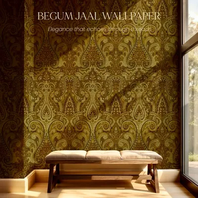The Begum Jaal wallpaper, inspired by the royal Jamawar shawls of Kashmir, fills this sunlit corner with warmth and elegance. The olive and gold paisley pattern creates a feeling of timeless luxury.
