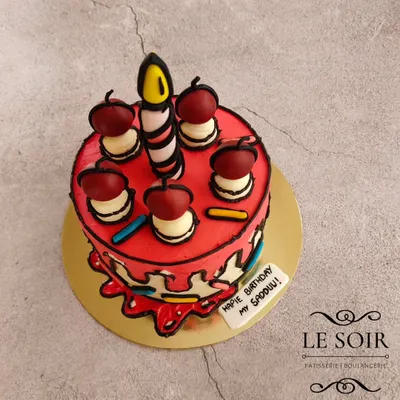 I had so much fun making this comic cake. This half-kg Ferrero Crunch cake is designed to look like a 2D cartoon, with bold black outlines and bright, playful colors.