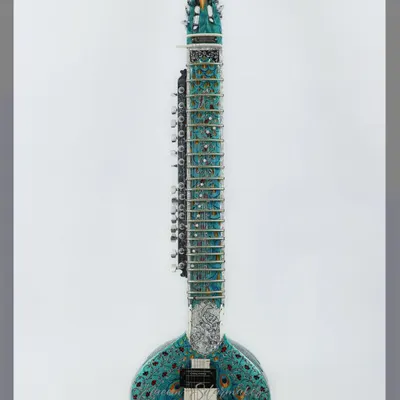 A full view of our custom peacock design electric sitar. The headstock is carved like a peacock's head, and the body is covered in detailed feather artwork, making it a true piece of art.
