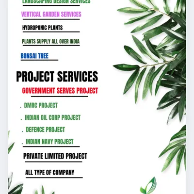 This graphic summarizes our key services, including Landscaping Design, Vertical Gardens, Plant Supply, and Bonsai. It also highlights our experience with major government and corporate clients like DMRC and Indian Oil.